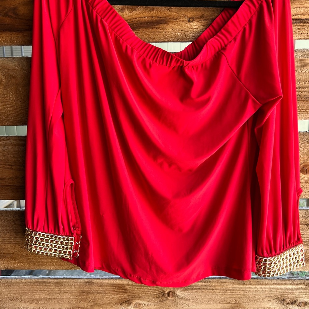 “Red Off Shoulder Blouse 3X Plus Size with Gold Chain Cuff Detail” - Picture 3 of 10